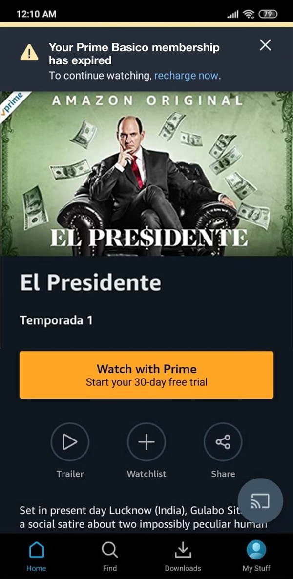 Prime Básico movie detail page (El Presidente) with an expired-membership banner at the top