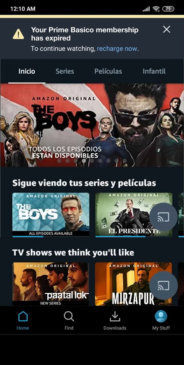 Prime Básico home screen in Spanish with an expired-membership banner prompting the user to recharge