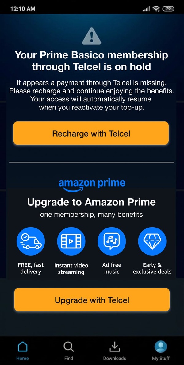 Prime Básico resume landing page showing Telcel recharge and upgrade-to-Prime options with benefits