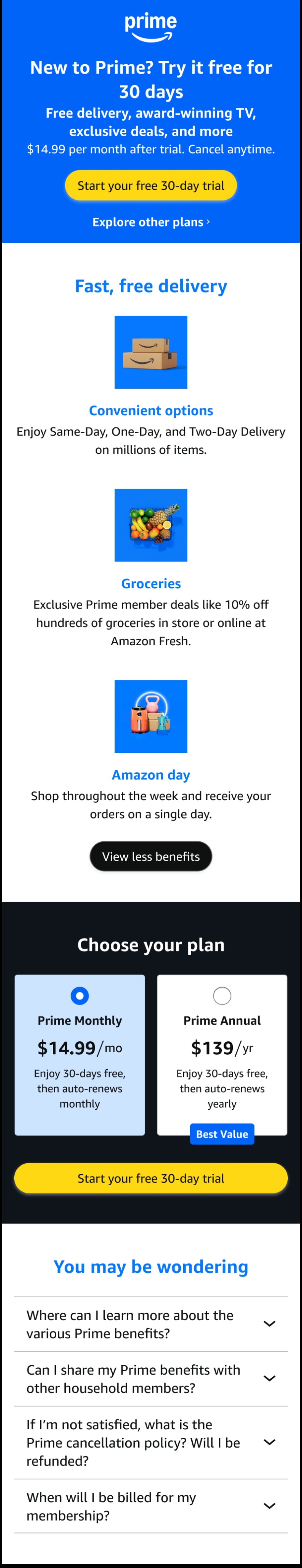Control: /prime page with the regular 30-day free or retail Prime offer
