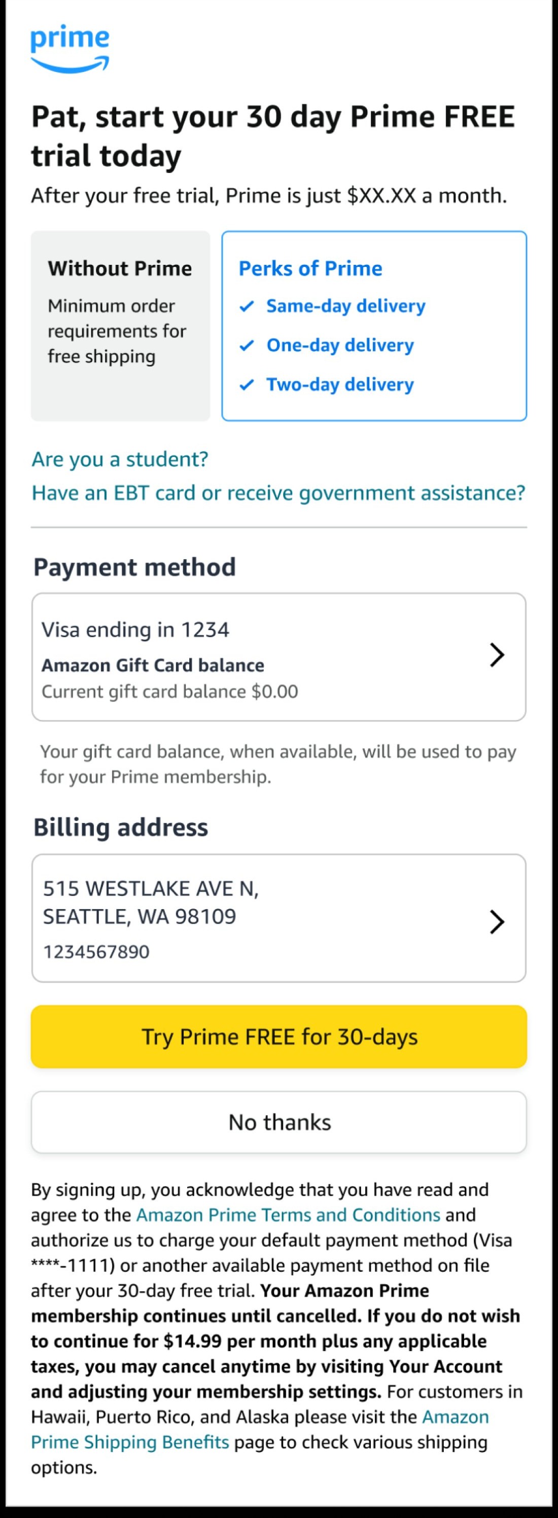 Control: Prime free trial offer landing page
