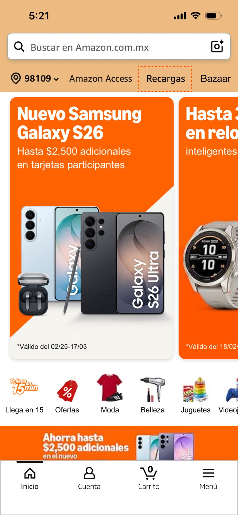 Amazon home with the Recargas entry point in the top navigation