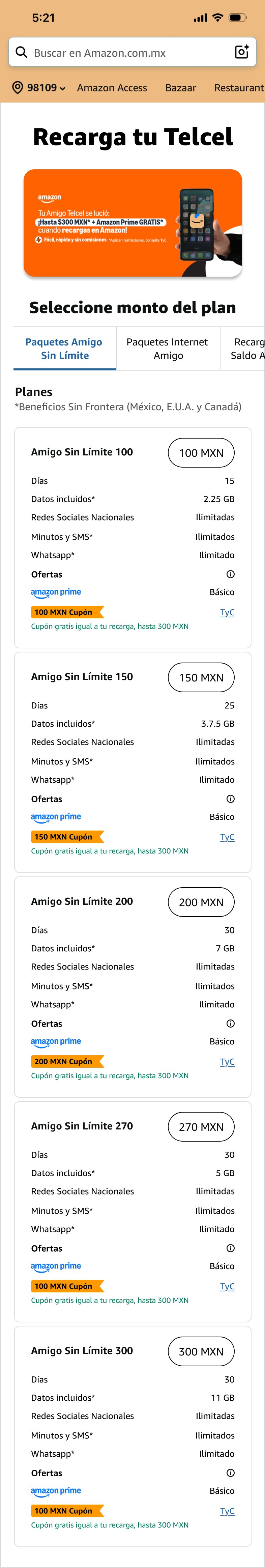 Telcel recharge — plan selection with full plan details and coupons