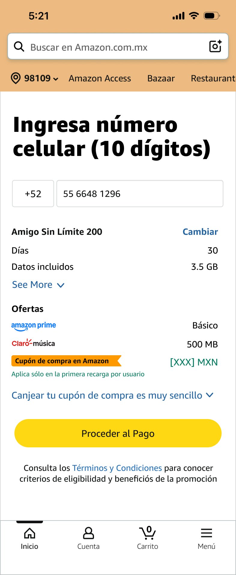 Number entry with order summary and Proceder al Pago