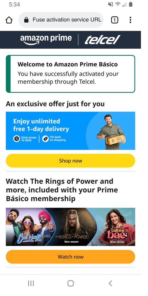 Engagement-focused Prime Básico success screen with shopping and content modules