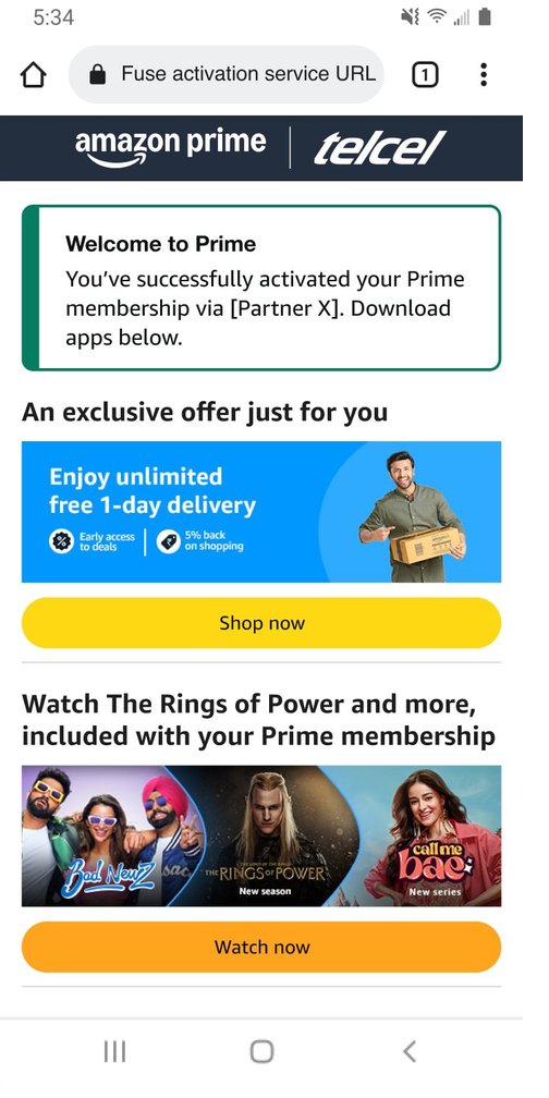 Engagement-focused Full Prime success screen with shopping and content modules