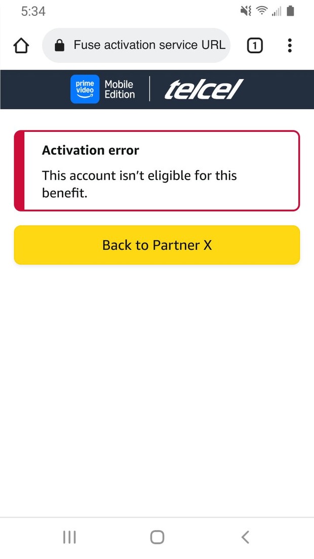Telcel PVME activation error reading This account isn't eligible for this benefit, with a Back to Partner X button