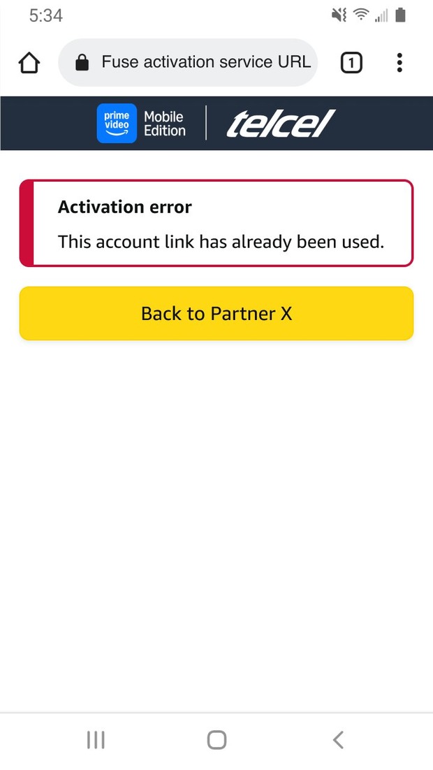 Telcel PVME activation error reading This account link has already been used, with a Back to Partner X button