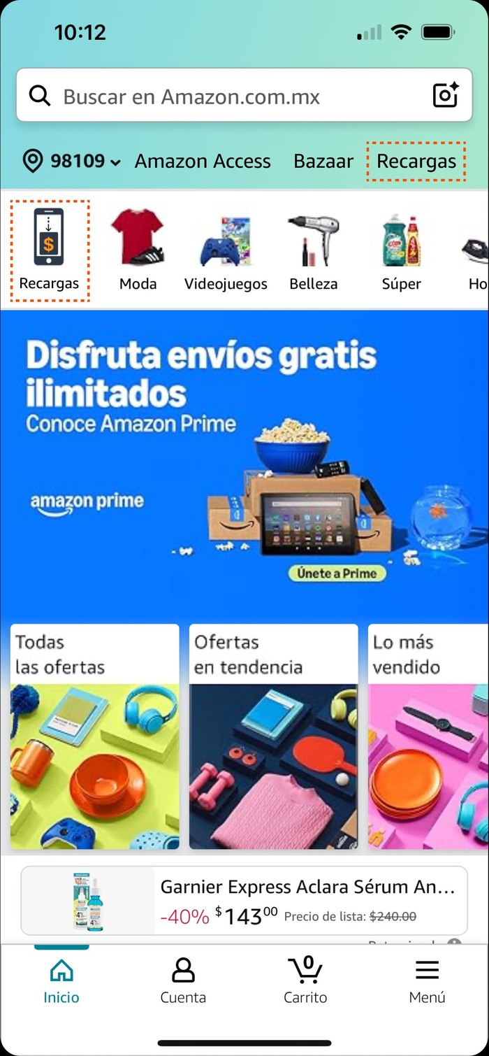 Ingress — Amazon home with Recargas entry highlighted