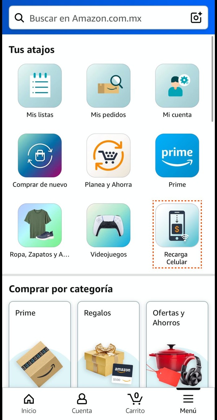 Amazon shopping app — main menu shortcuts with Recarga Celular