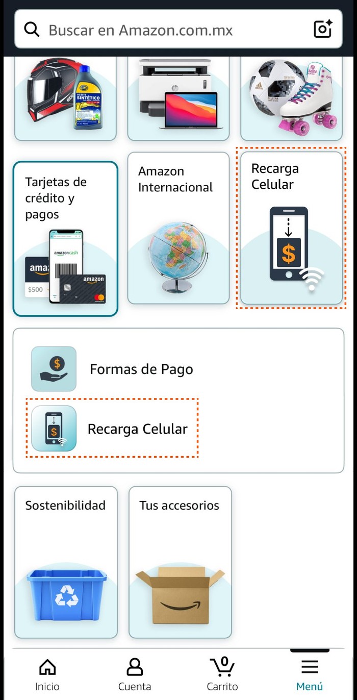 Amazon shopping app — shop by category with Recarga Celular