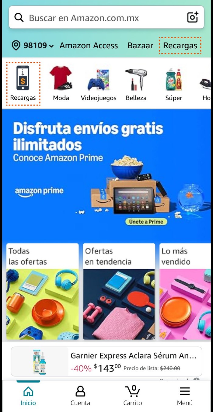 Amazon shopping app — strategic sub-nav