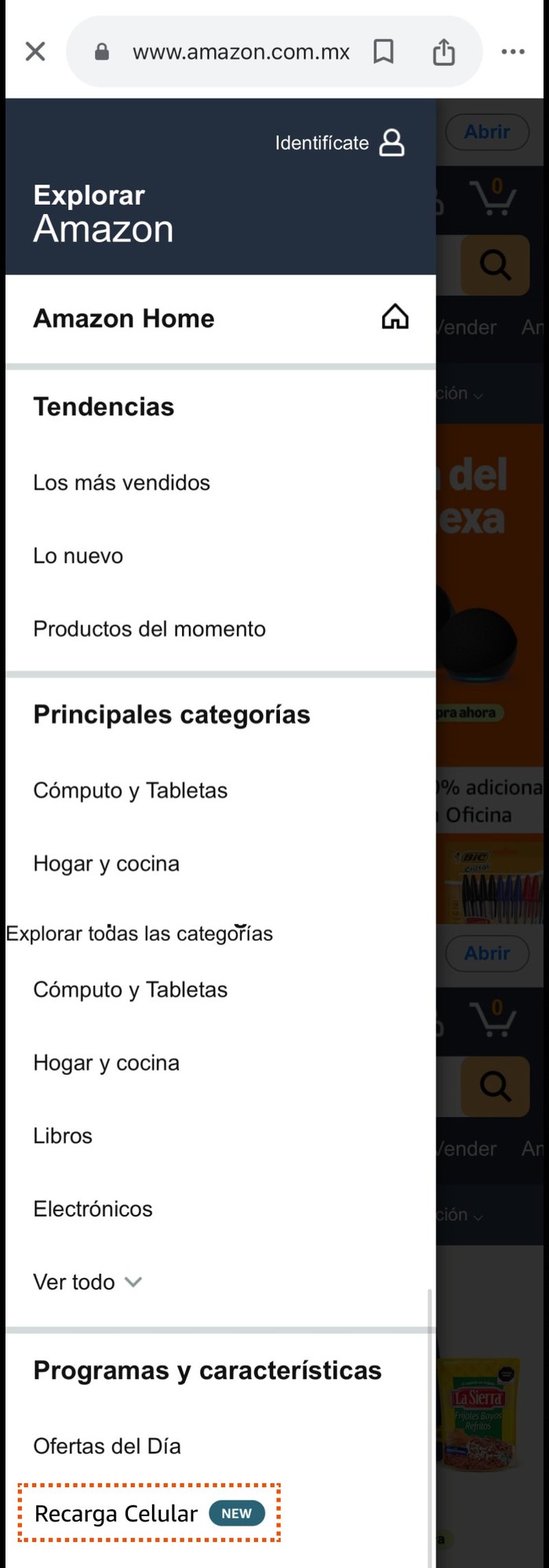 Amazon.com.mx web — main menu with Recarga Celular