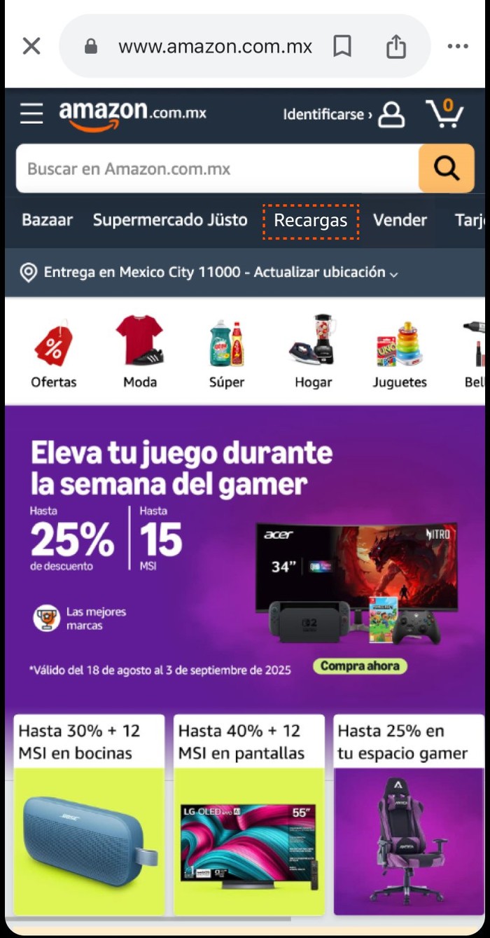 Amazon.com.mx web — strategic sub-nav with Recargas