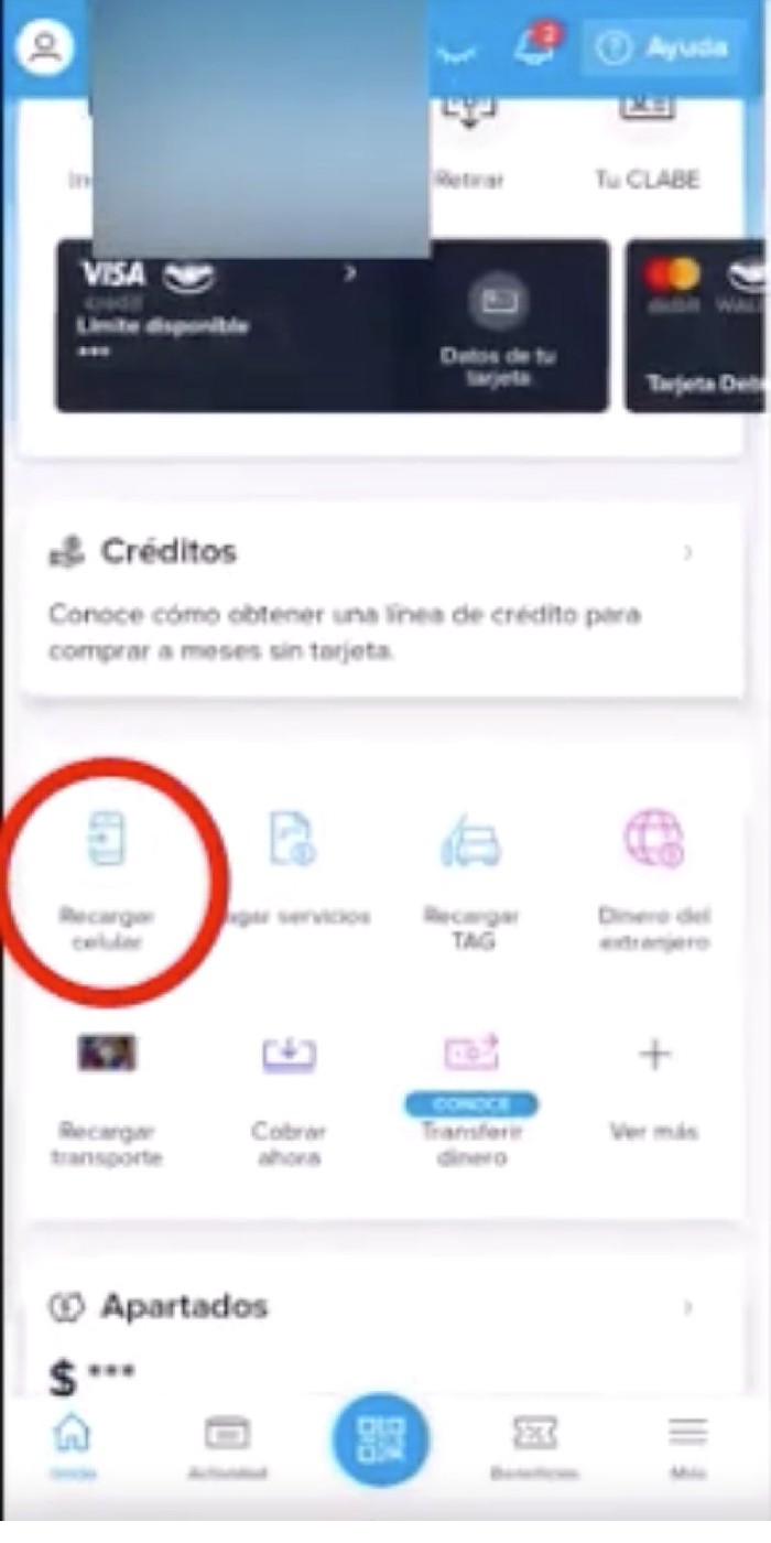 Mercado Pago home screen with Recargar celular option highlighted