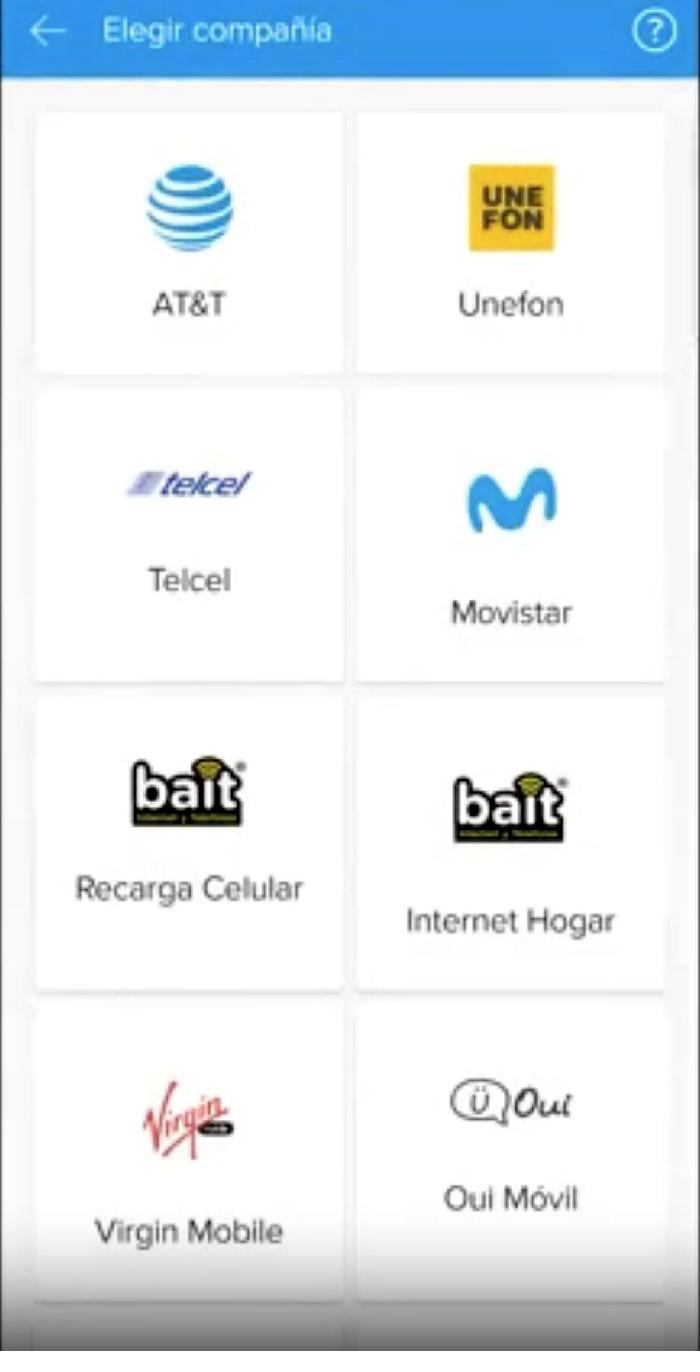 Mercado Pago carrier selection screen with Telcel, AT&T, Movistar, Bait, Virgin Mobile, and others