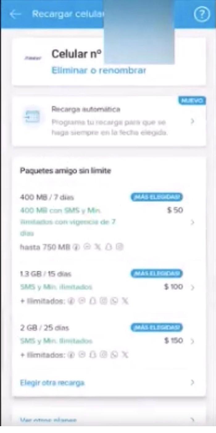 Mercado Pago saved-number screen showing recurring top-up option and recommended packages