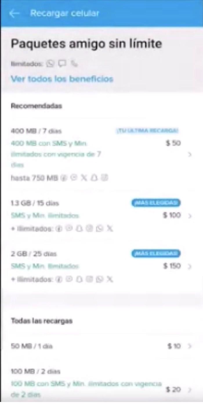Mercado Pago full package list with prices ranging from $10 to $150 MXN