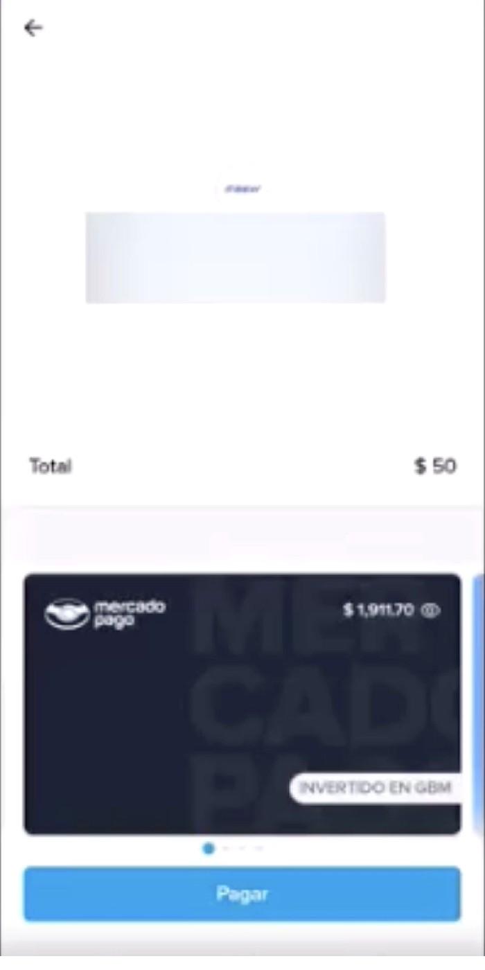 Mercado Pago payment confirmation screen showing Total $50 with Mercado Pago wallet