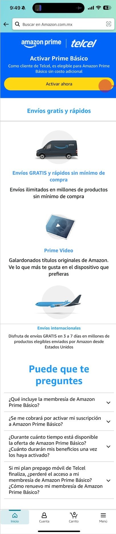 Prime activation page in the Amazon Shopping app