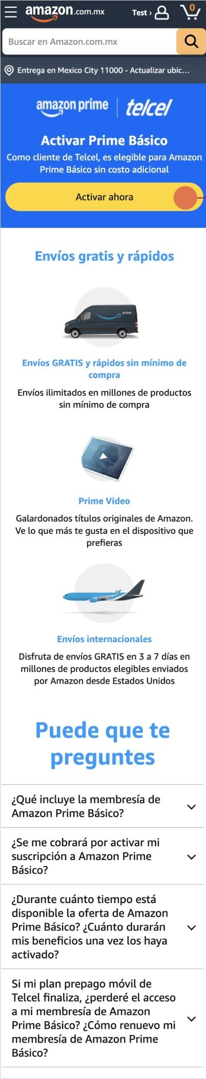 Prime activation page on Amazon.com.mx mobile web