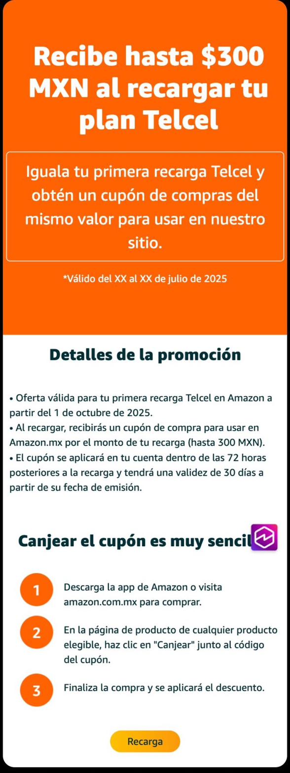 Telcel recharge offer landing page — up to $300 MXN coupon