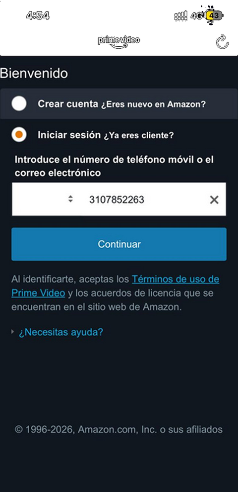 Prime Video sign-in screen — enter phone number