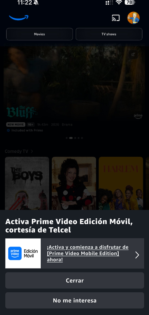 Telcel Prime Video Edición Móvil activation modal