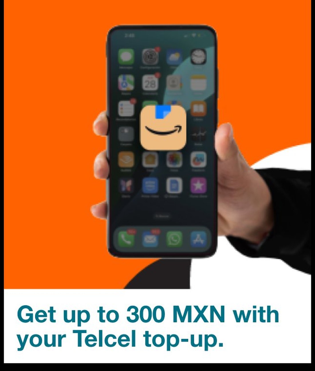 Banner ad on Amazon.com.mx showing the Amazon shopping bag icon held in a hand against an orange background, with the headline 'Get up to 300 MXN with your Telcel top-up.'