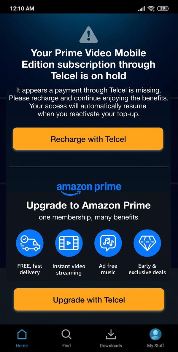 Prime Video Mobile Edition resume landing page showing Telcel recharge and upgrade-to-Prime options with benefits