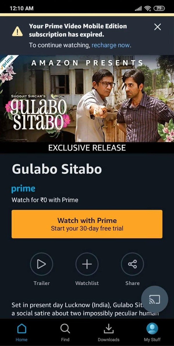 Prime Video Mobile Edition movie detail page (Gulabo Sitabo) with an expired-subscription banner at the top