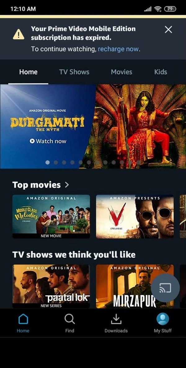 Prime Video Mobile Edition home screen with an expired-subscription banner prompting the user to recharge