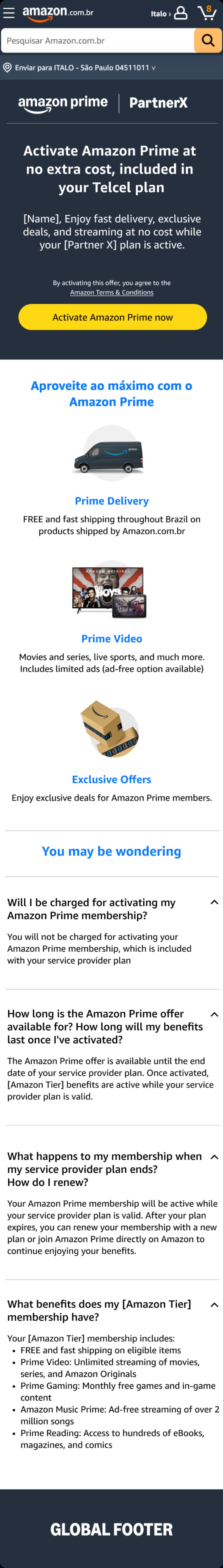 Treatment: 1-click Prime activation on the /prime page in Brazil
