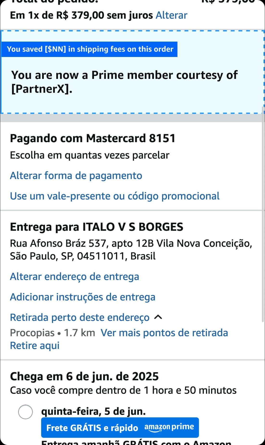 UPDP order confirmation, now a Prime member, Brazil