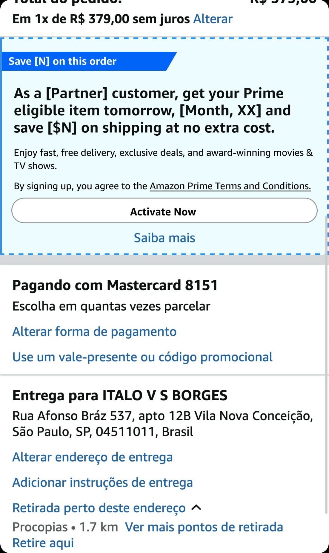 UPDP activation offer at checkout, Brazil