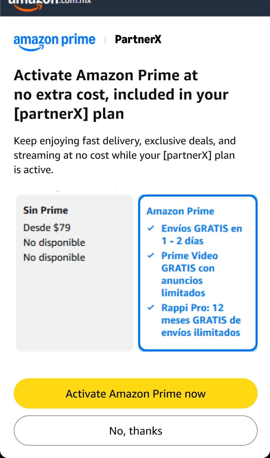 UPDP Prime activation offer, Mexico