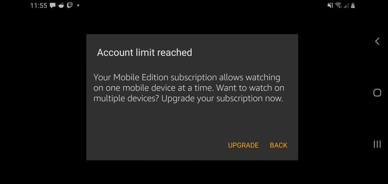 Desktop concurrency error modal reading Account limit reached, explaining the Mobile Edition subscription allows watching on one mobile device at a time, with Upgrade and Back actions