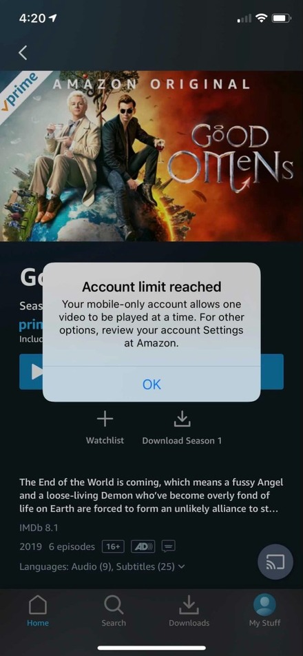 Mobile concurrency error dialog reading Account limit reached on a title detail page, explaining the mobile-only account allows one video at a time, with an OK action