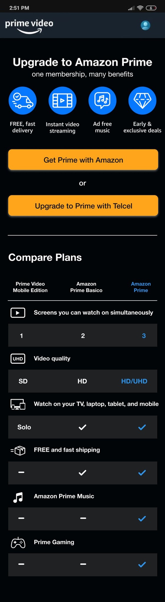 Upgrade to Amazon Prime landing page on mobile with benefit icons, Get Prime with Amazon and Upgrade to Prime with Telcel buttons, and a Compare Plans table