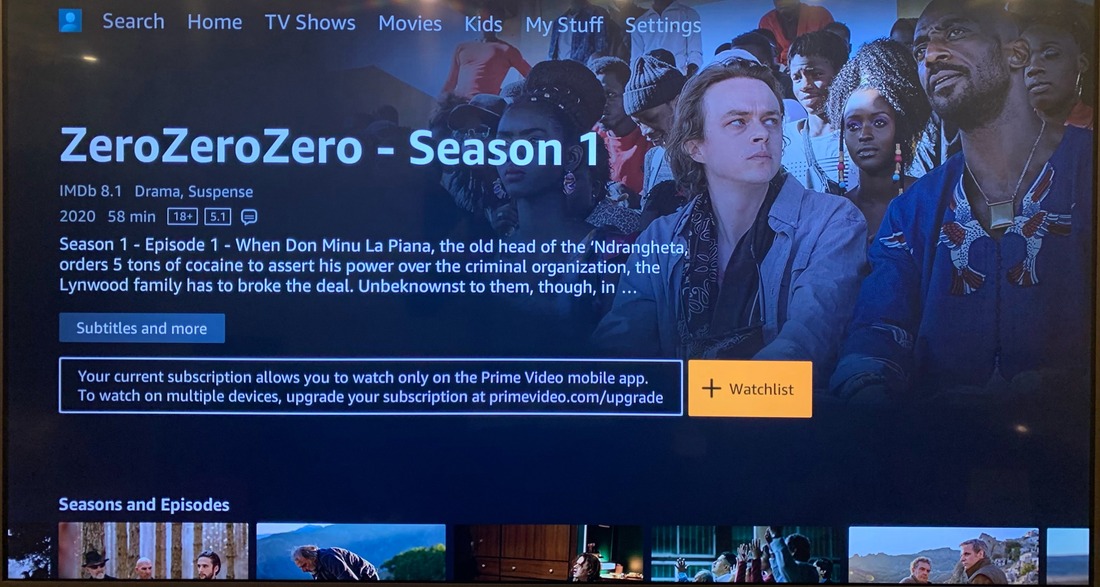 Prime Video on a living-room device showing a title detail page with a banner explaining the current subscription only allows watching on the mobile app and prompting an upgrade at primevideo.com/upgrade