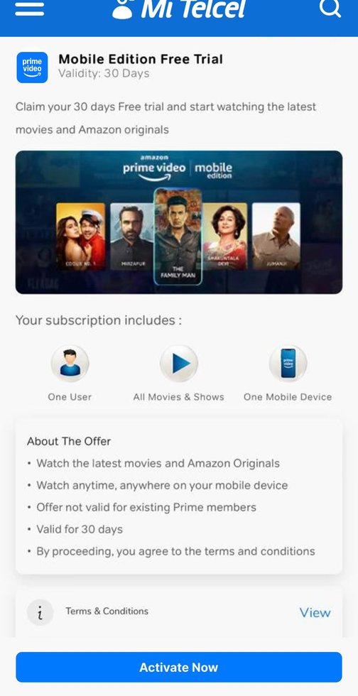 Mi Telcel app — Prime Video Mobile Edition free trial offer with an Activate Now button